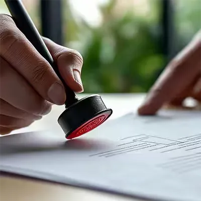 Hand stamping a document on a desk.