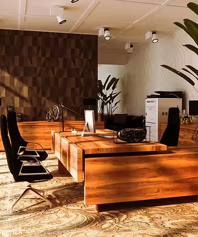 Meeting room at the Moreira e Bastos office, with a wooden table, armchairs and plants.
